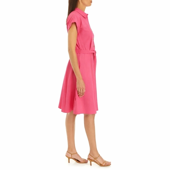 Calvin Klein Hot Pink Button-Front Fit & Flare Gauze Preppy Feminine Shirt Dress - Picture 11 of 11